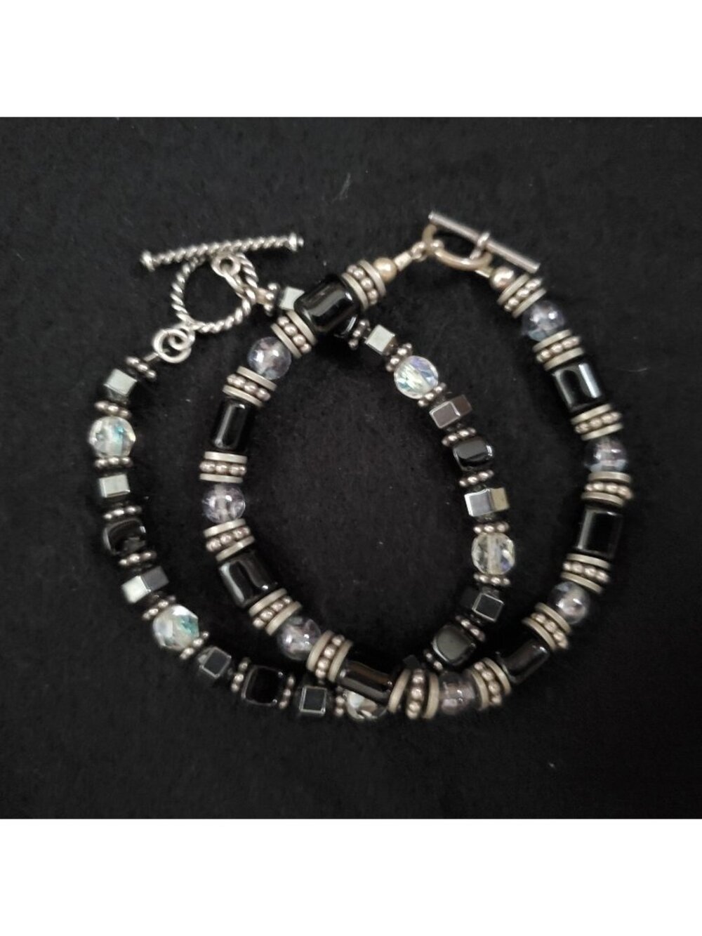 Glass Beaded Bracelet Lot Silver Tone Black 6.5"